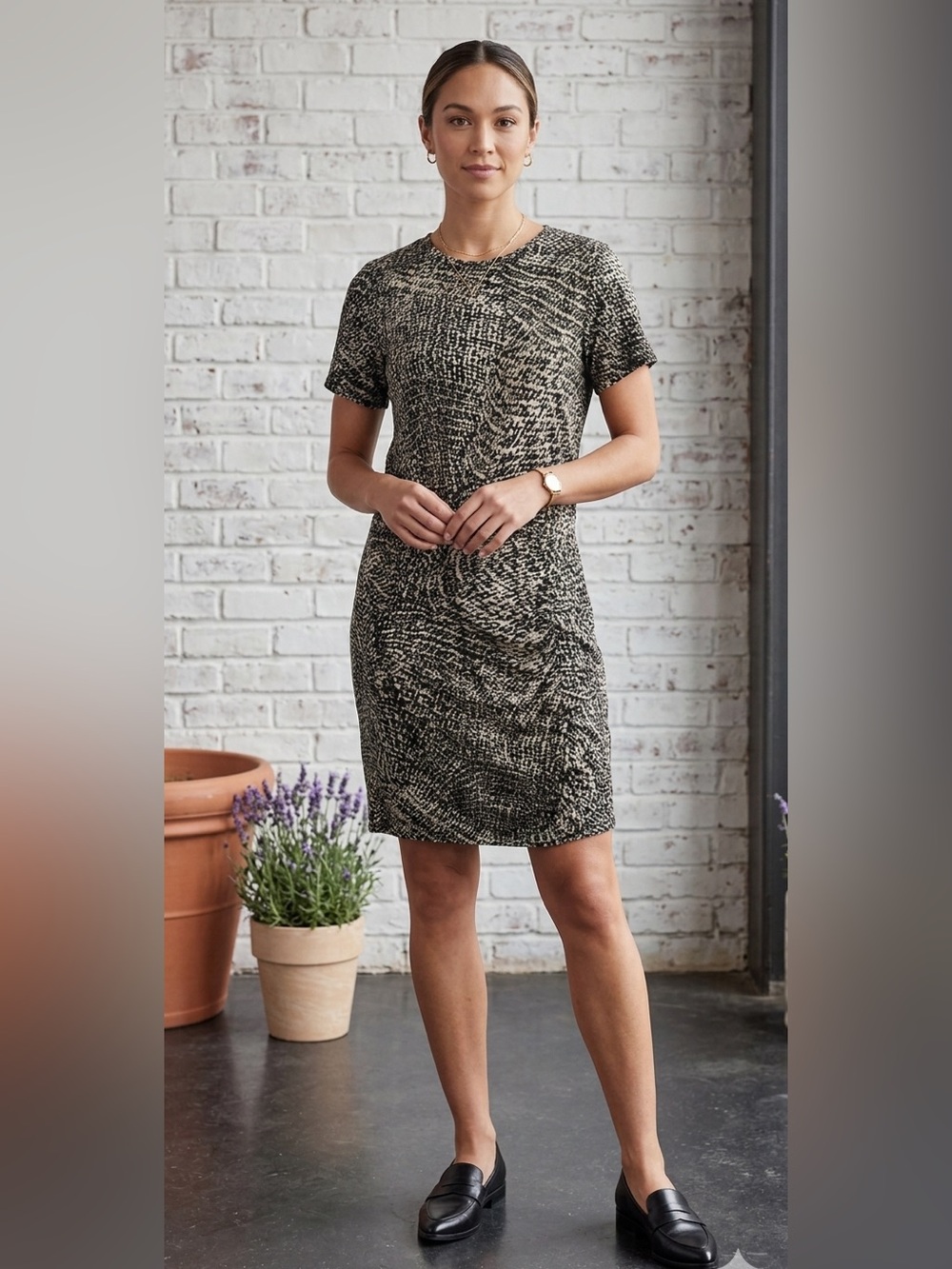 Peyton Jensen Natalia Animal Print Ruffled Ruched Dress Medium